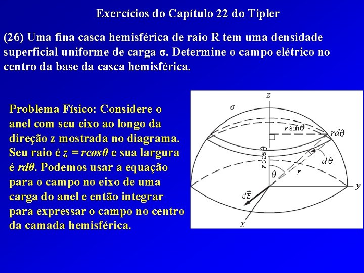 Exercícios do Capítulo 22 do Tipler (26) Uma fina casca hemisférica de raio R