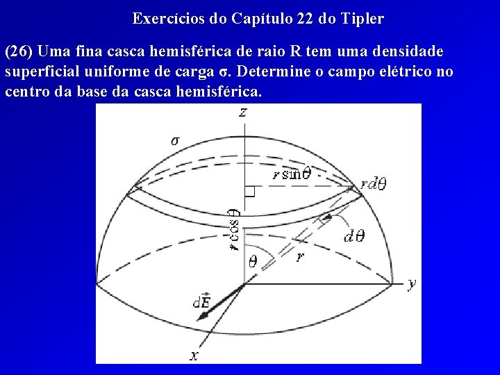 Exercícios do Capítulo 22 do Tipler (26) Uma fina casca hemisférica de raio R