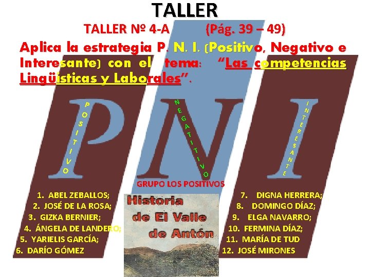 TALLER Nº 4 -A (Pág. 39 – 49) Aplica la estrategia P. N. I.