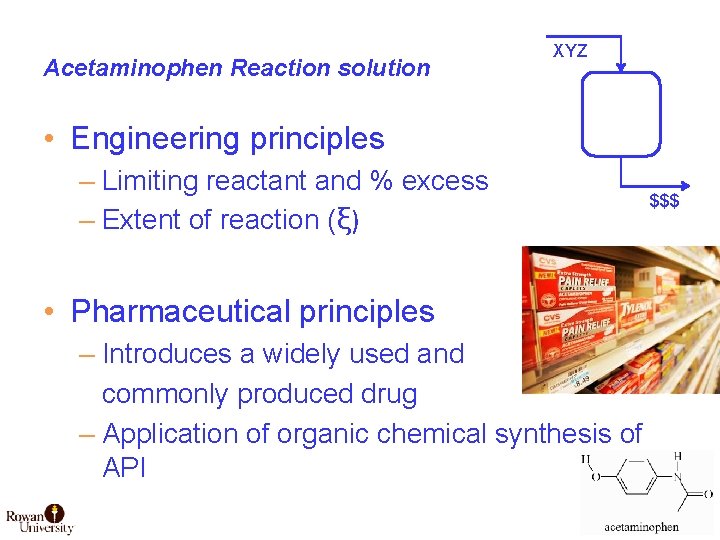 Acetaminophen Reaction solution • Engineering principles XYZ Rxr – Limiting reactant and % excess