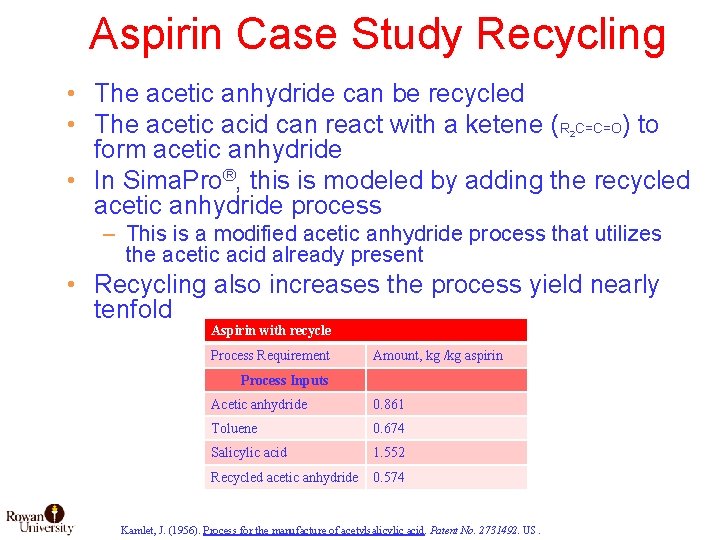 Aspirin Case Study Recycling • The acetic anhydride can be recycled • The acetic