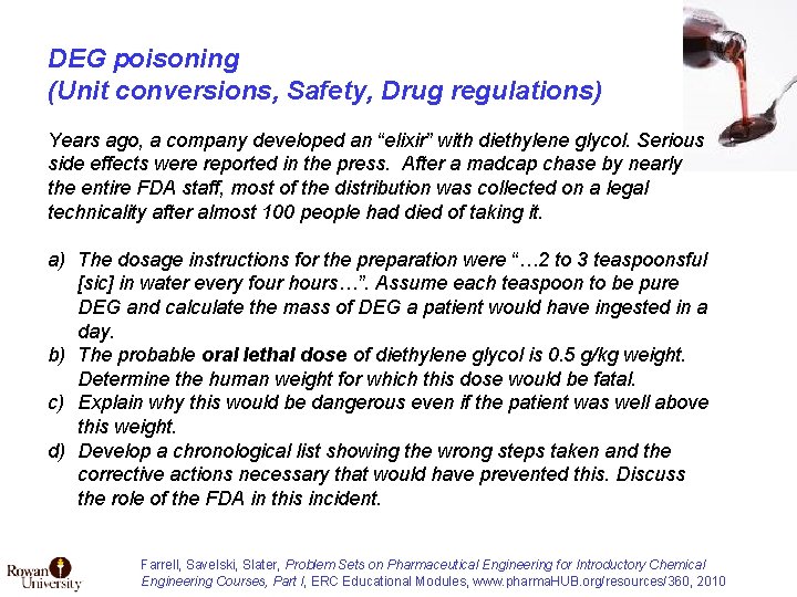 DEG poisoning (Unit conversions, Safety, Drug regulations) Years ago, a company developed an “elixir”