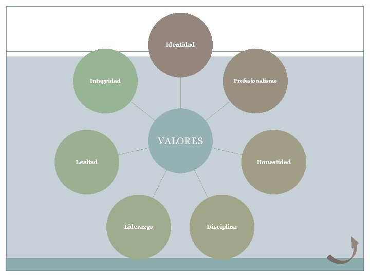 Identidad Integridad Profesionalismo VALORES Lealtad Honestidad Liderazgo Disciplina 