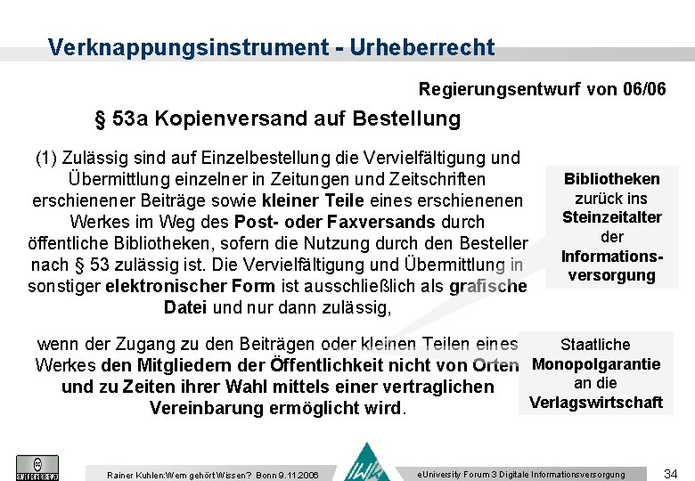 Verknappungsinstrument - Urheberrecht Regierungsentwurf von 06/06 § 53 a Kopienversand auf Bestellung (1) Zulässig