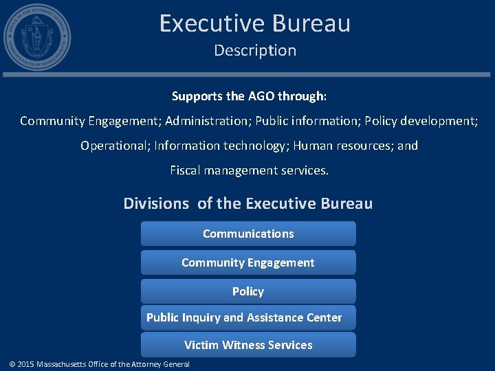 Executive Bureau Description Supports the AGO through: Community Engagement; Administration; Public information; Policy development;