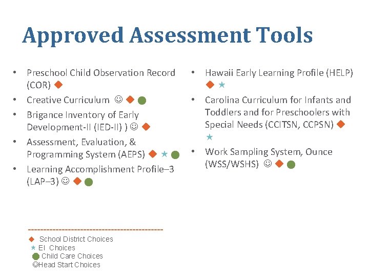 Approved Assessment Tools • Preschool Child Observation Record (COR) • Creative Curriculum • Brigance