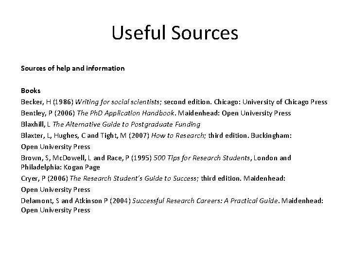 Useful Sources of help and information Books Becker, H (1986) Writing for social scientists;