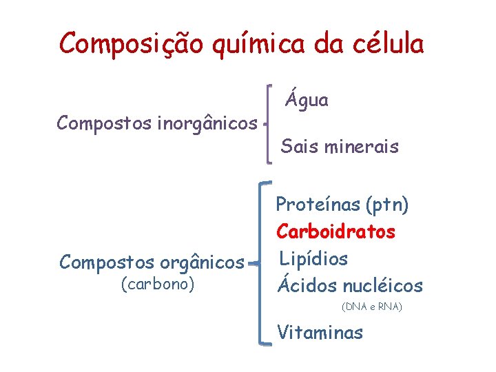 Composição química da célula Compostos inorgânicos Compostos orgânicos (carbono) Água Sais minerais Proteínas (ptn)
