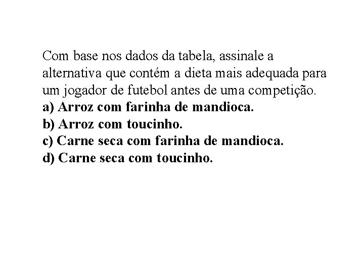 Com base nos dados da tabela, assinale a alternativa que contém a dieta mais