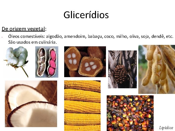 Glicerídios De origem vegetal: - Óleos comestíveis: algodão, amendoim, babaçu, coco, milho, oliva, soja,