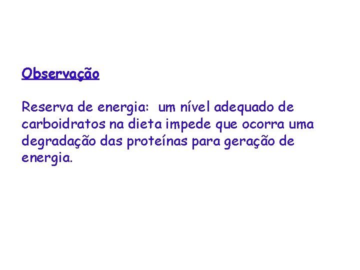 Observação Reserva de energia: um nível adequado de carboidratos na dieta impede que ocorra