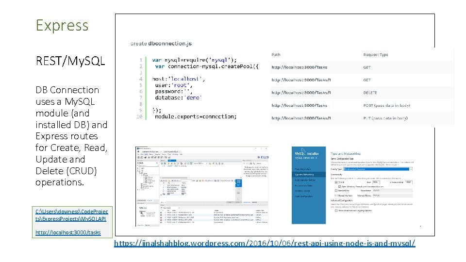 Express REST/My. SQL DB Connection uses a My. SQL module (and installed DB) and