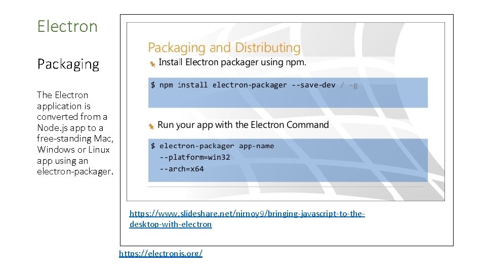 Electron Packaging The Electron application is converted from a Node. js app to a