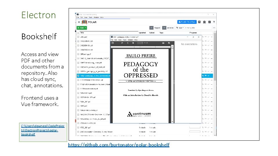 Electron Bookshelf Access and view PDF and other documents from a repository. Also has