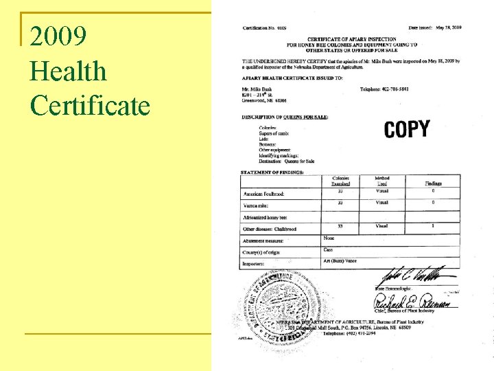 2009 Health Certificate 