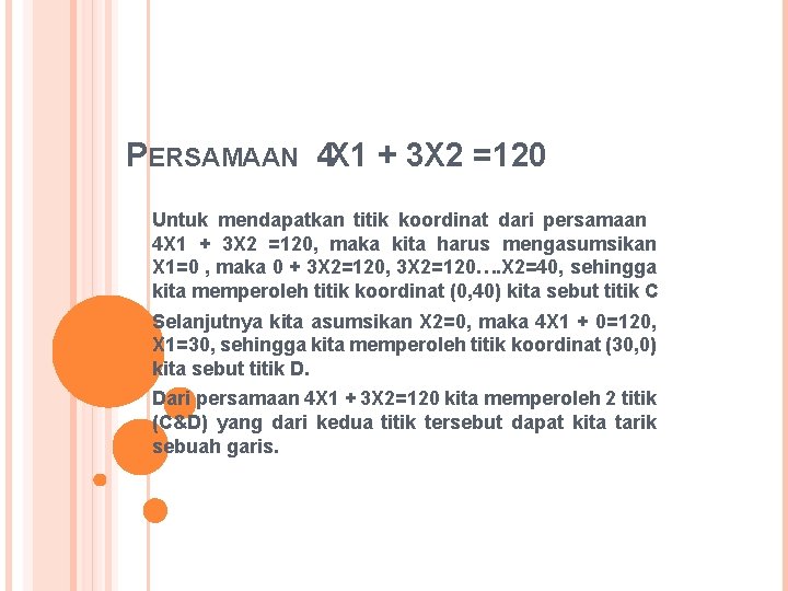 PERSAMAAN 4 X 1 + 3 X 2 =120 Untuk mendapatkan titik koordinat dari