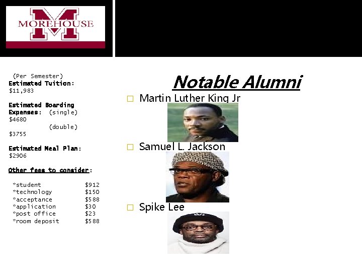 Notable Alumni (Per Semester) Estimated Tuition: $11, 983 Estimated Boarding Expenses: (single) $4680 (double)