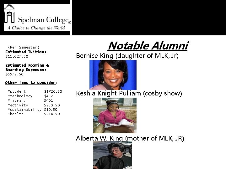 (Per Semester) Estimated Tuition: $11, 027. 50 Notable Alumni Bernice King (daughter of MLK,