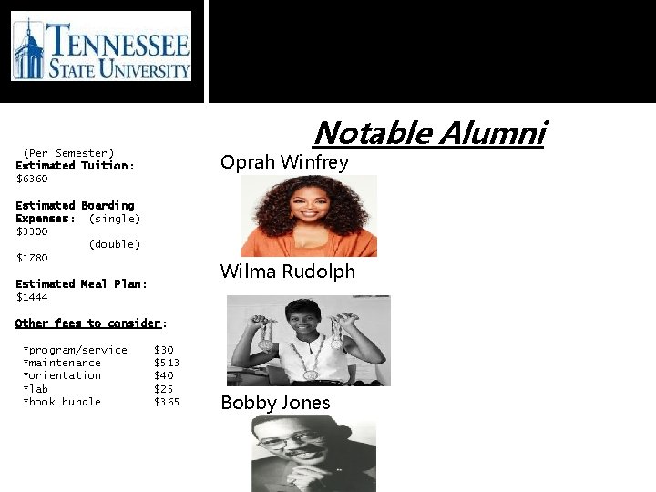 Notable Alumni (Per Semester) Estimated Tuition: $6360 Oprah Winfrey Estimated Boarding Expenses: (single) $3300