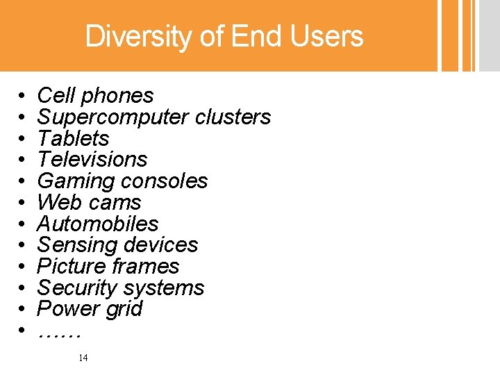Diversity of End Users • • • Cell phones Supercomputer clusters Tablets Televisions Gaming
