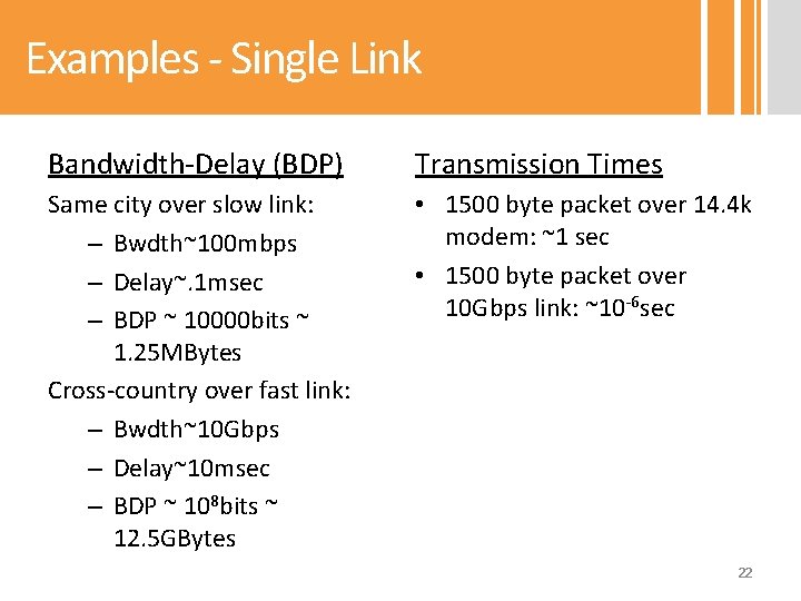 Examples - Single Link Bandwidth-Delay (BDP) Transmission Times Same city over slow link: –