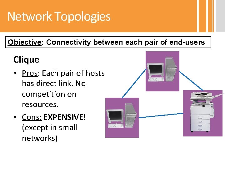 Network Topologies Objective: Connectivity between each pair of end-users Clique • Pros: Each pair