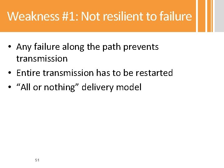 Weakness #1: Not resilient to failure • Any failure along the path prevents transmission
