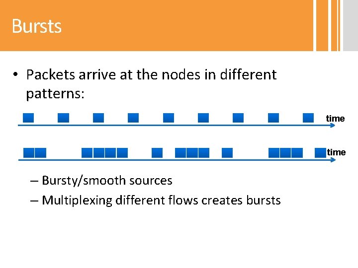 Bursts • Packets arrive at the nodes in different patterns: time – Bursty/smooth sources