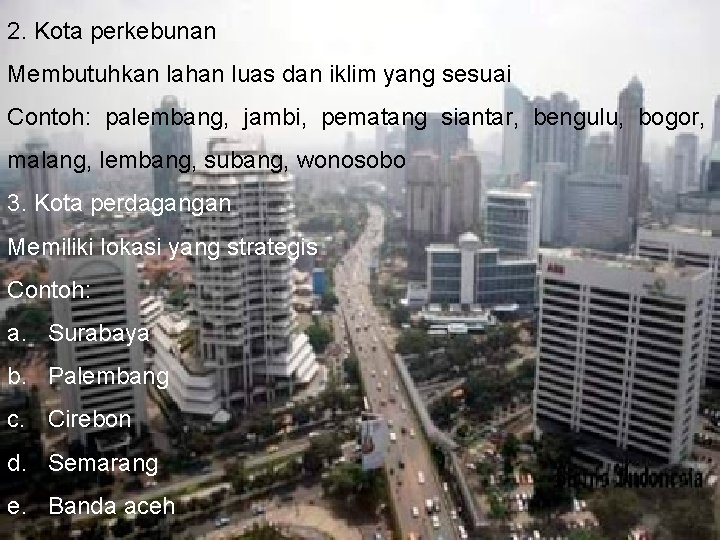 2. Kota perkebunan Membutuhkan lahan luas dan iklim yang sesuai Contoh: palembang, jambi, pematang 2. Kota perkebunan Membutuhkan lahan luas dan iklim yang sesuai Contoh: palembang, jambi, pematang