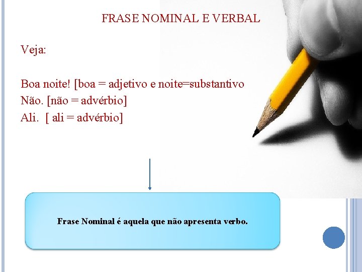 FRASE NOMINAL E VERBAL Veja: Boa noite! [boa = adjetivo e noite=substantivo Não. [não