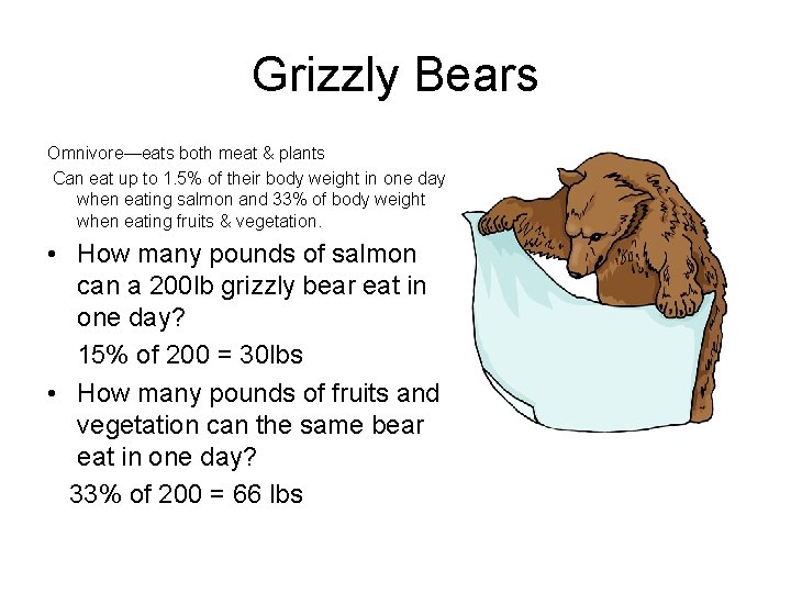 Grizzly Bears Omnivore—eats both meat & plants Can eat up to 1. 5% of