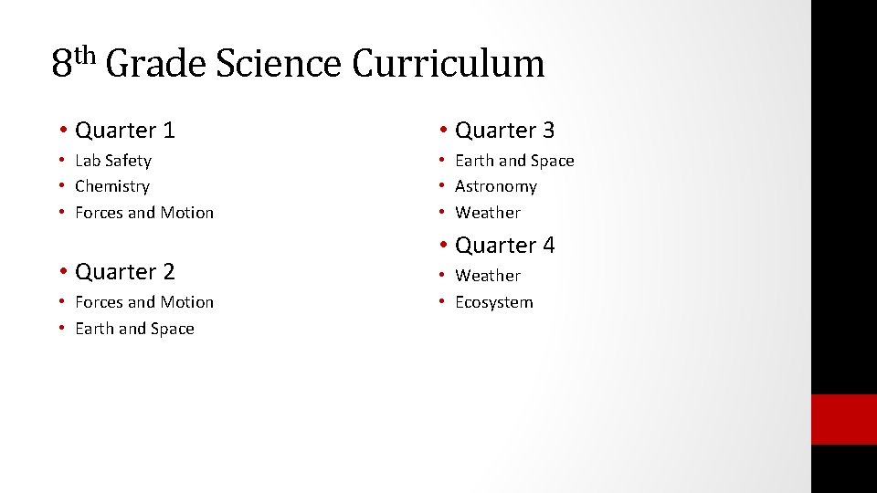 8 th Grade Science Curriculum • Quarter 1 • Quarter 3 • Lab Safety 8 th Grade Science Curriculum • Quarter 1 • Quarter 3 • Lab Safety