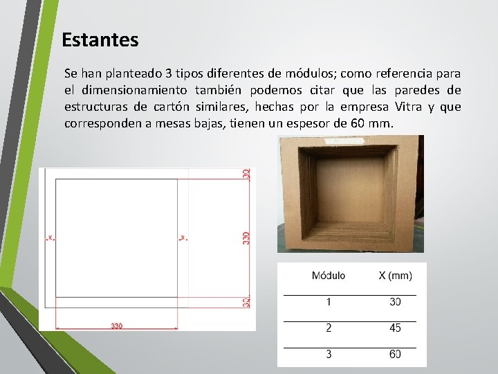 Estantes Se han planteado 3 tipos diferentes de módulos; como referencia para el dimensionamiento