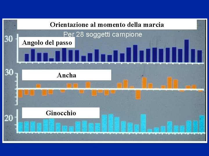 Orientazione al momento della marcia Per 28 soggetti campione Angolo del passo Ancha Ginocchio