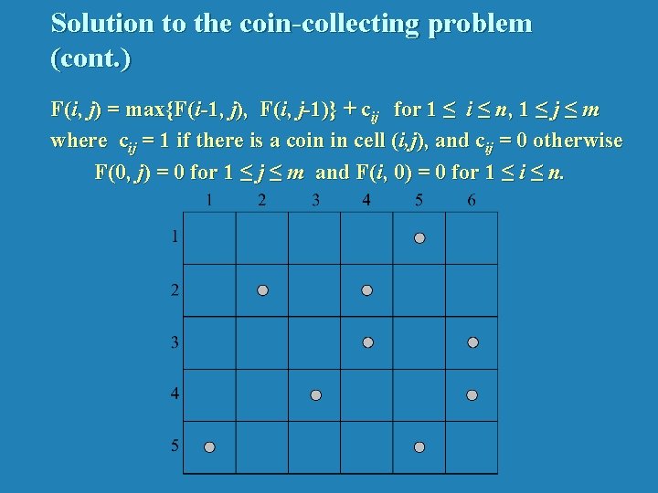 Solution to the coin-collecting problem (cont. ) F(i, j) = max{F(i-1, j), F(i, j-1)}