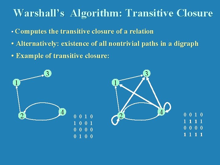 Warshall’s Algorithm: Transitive Closure • Computes the transitive closure of a relation • Alternatively: