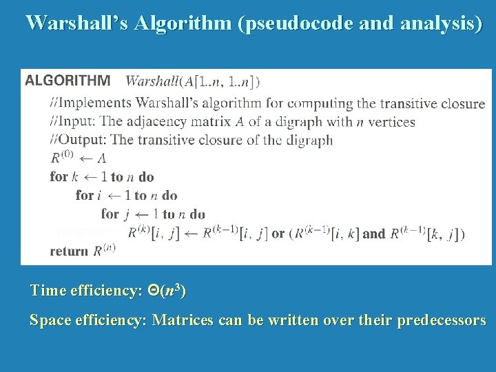 Warshall’s Algorithm (pseudocode and analysis) Time efficiency: Θ(n 3) Space efficiency: Matrices can be