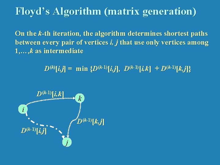 Floyd’s Algorithm (matrix generation) On the k-th iteration, the algorithm determines shortest paths between