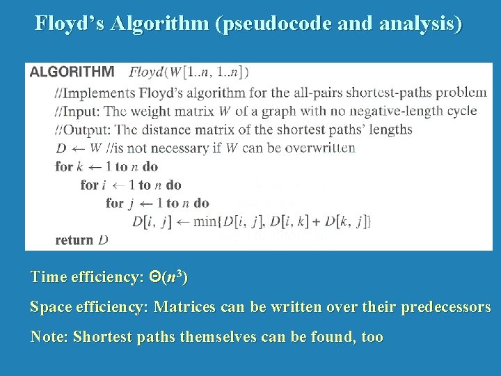 Floyd’s Algorithm (pseudocode and analysis) Time efficiency: Θ(n 3) Space efficiency: Matrices can be