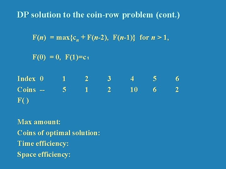 DP solution to the coin-row problem (cont. ) F(n) = max{cn + F(n-2), F(n-1)}