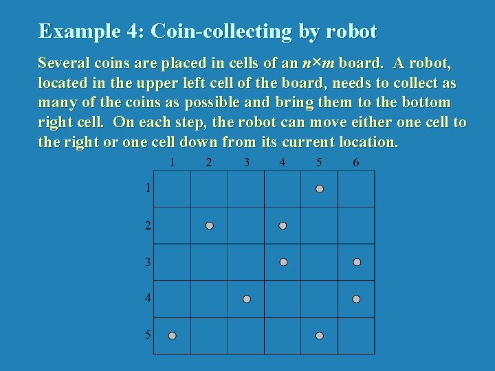 Example 4: Coin-collecting by robot Several coins are placed in cells of an n×m