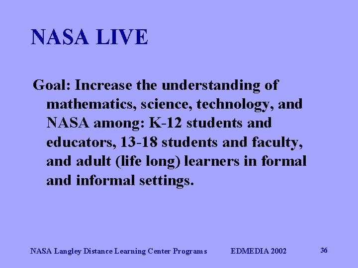 NASA LIVE Goal: Increase the understanding of mathematics, science, technology, and NASA among: K-12