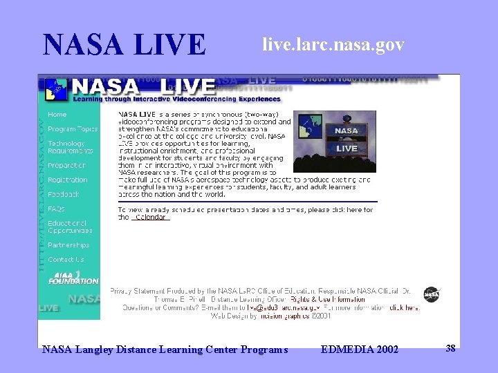 NASA LIVE live. larc. nasa. gov NASA Langley Distance Learning Center Programs EDMEDIA 2002