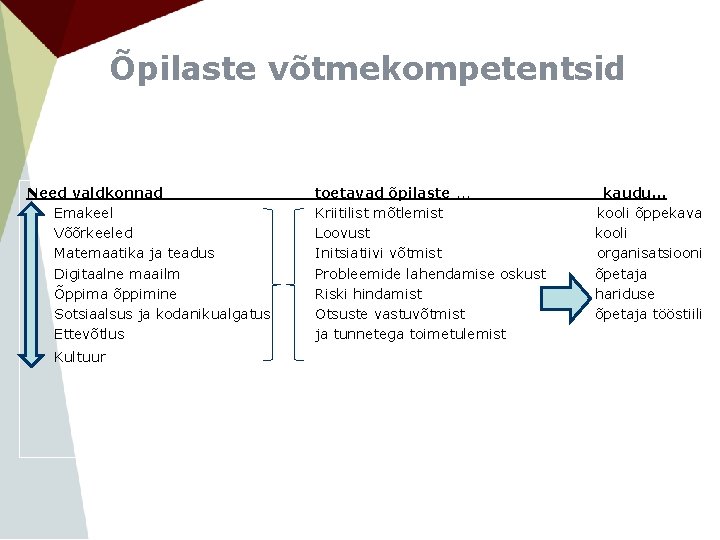 Õpilaste võtmekompetentsid Need valdkonnad • Emakeel • Võõrkeeled • Matemaatika ja teadus • Digitaalne