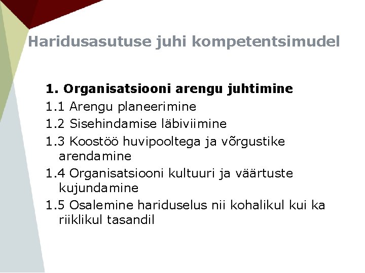 Haridusasutuse juhi kompetentsimudel 1. Organisatsiooni arengu juhtimine 1. 1 Arengu planeerimine 1. 2 Sisehindamise