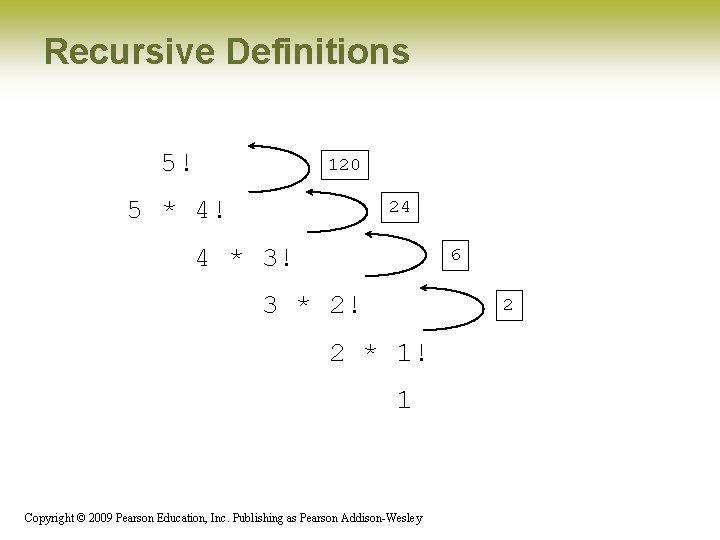 Recursive Definitions 5! 120 5 * 4! 24 4 * 3! 6 3 * Recursive Definitions 5! 120 5 * 4! 24 4 * 3! 6 3 *