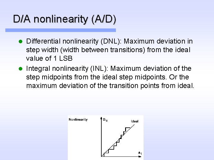 D/A nonlinearity (A/D) Differential nonlinearity (DNL): Maximum deviation in step width (width between transitions)