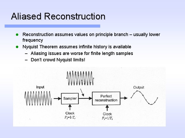 Aliased Reconstruction assumes values on principle branch – usually lower frequency l Nyquist Theorem