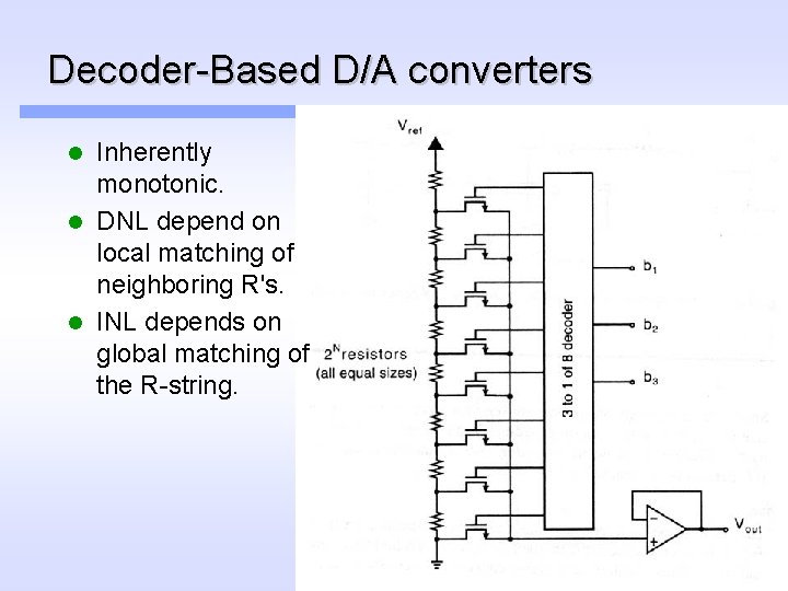 Decoder-Based D/A converters Inherently monotonic. l DNL depend on local matching of neighboring R's.