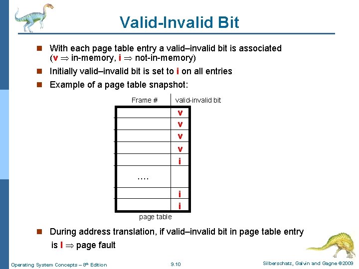 Valid-Invalid Bit n With each page table entry a valid–invalid bit is associated (v
